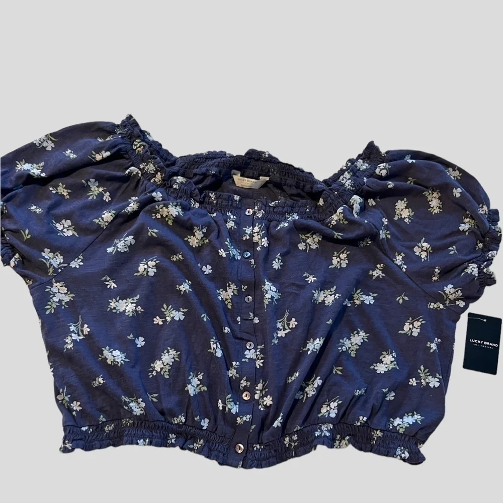 LUCKY BRAND Blue Floral On/Off Shoulder Bubble-Hem-Waist Peasant Top NWT/Lg